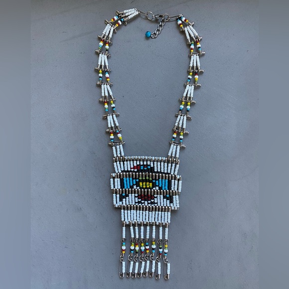 Vintage 70s Native American Thunderbird Beaded Necklace fringe festival boho - Picture 2 of 10